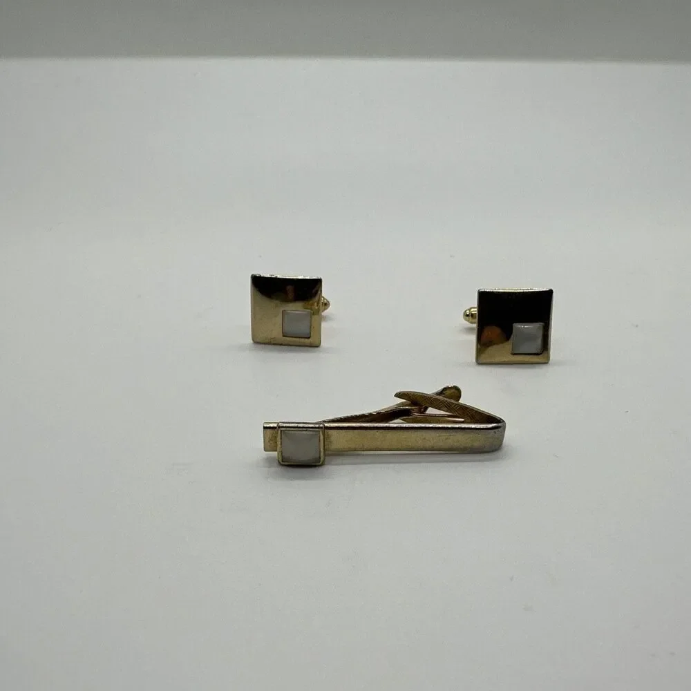 Vintage Gold Cufflinks With Matching Tie Clip White gem Antique Set